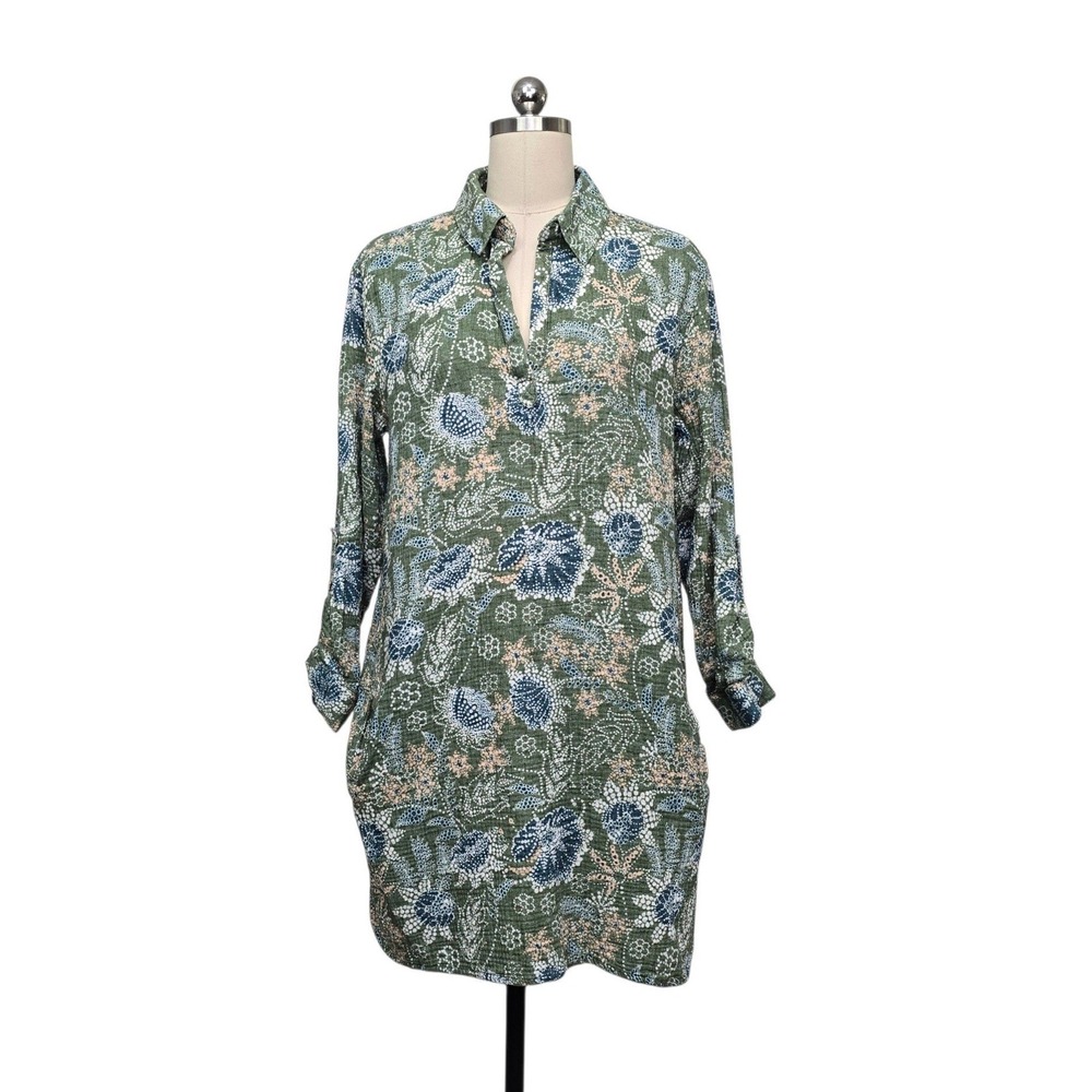 RipSkirt Hawaii Green Floral Cotton Double Gauze Roll Tab Tunic Dress sz Medium